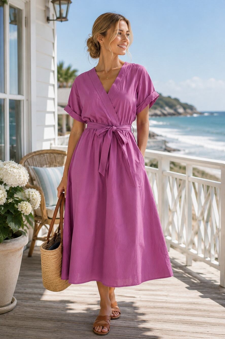 Xirena Pink Poplin Wrap Midi Dress Belted Short Sleeve Coastal Vacation Size XL